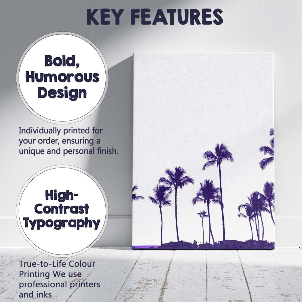 Purple Tropical Palm Tree Silhouette Minimalist Coastal Photography Canvas Wall Art Print Decor Picture Ready to Hang