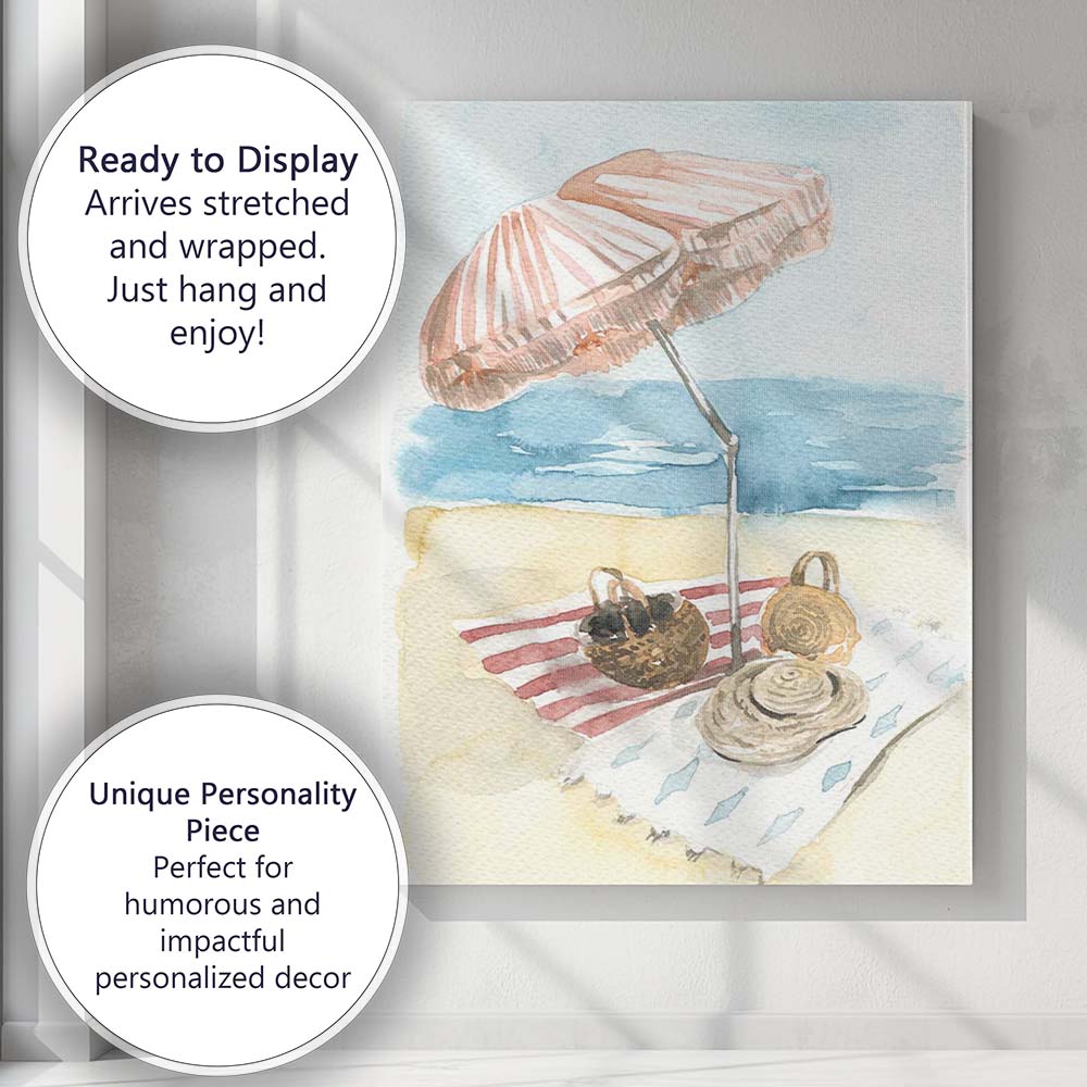 Watercolour Beach Picnic Umbrella Coastal Summer Illustration Canvas Wall Art Print Decor Picture Ready to Hang