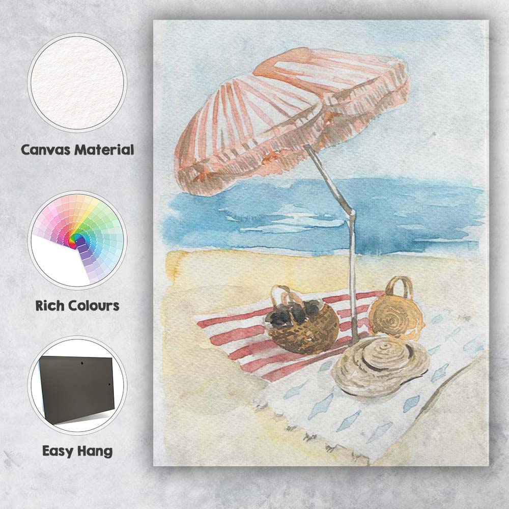 Watercolour Beach Picnic Umbrella Coastal Summer Illustration Canvas Wall Art Print Decor Picture Ready to Hang