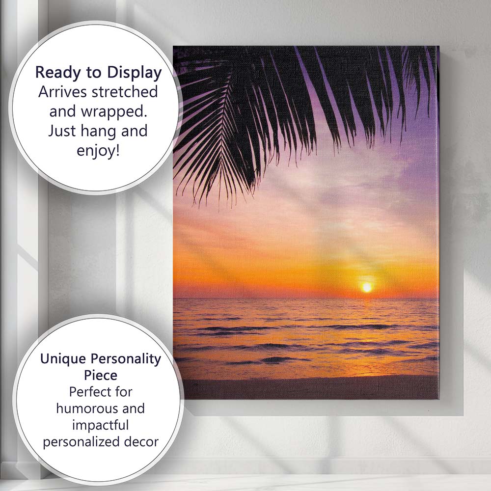 Tropical Palm Fronds Sunset Beach Seascape Photography Canvas Wall Art Print Decor Picture Ready to Hang