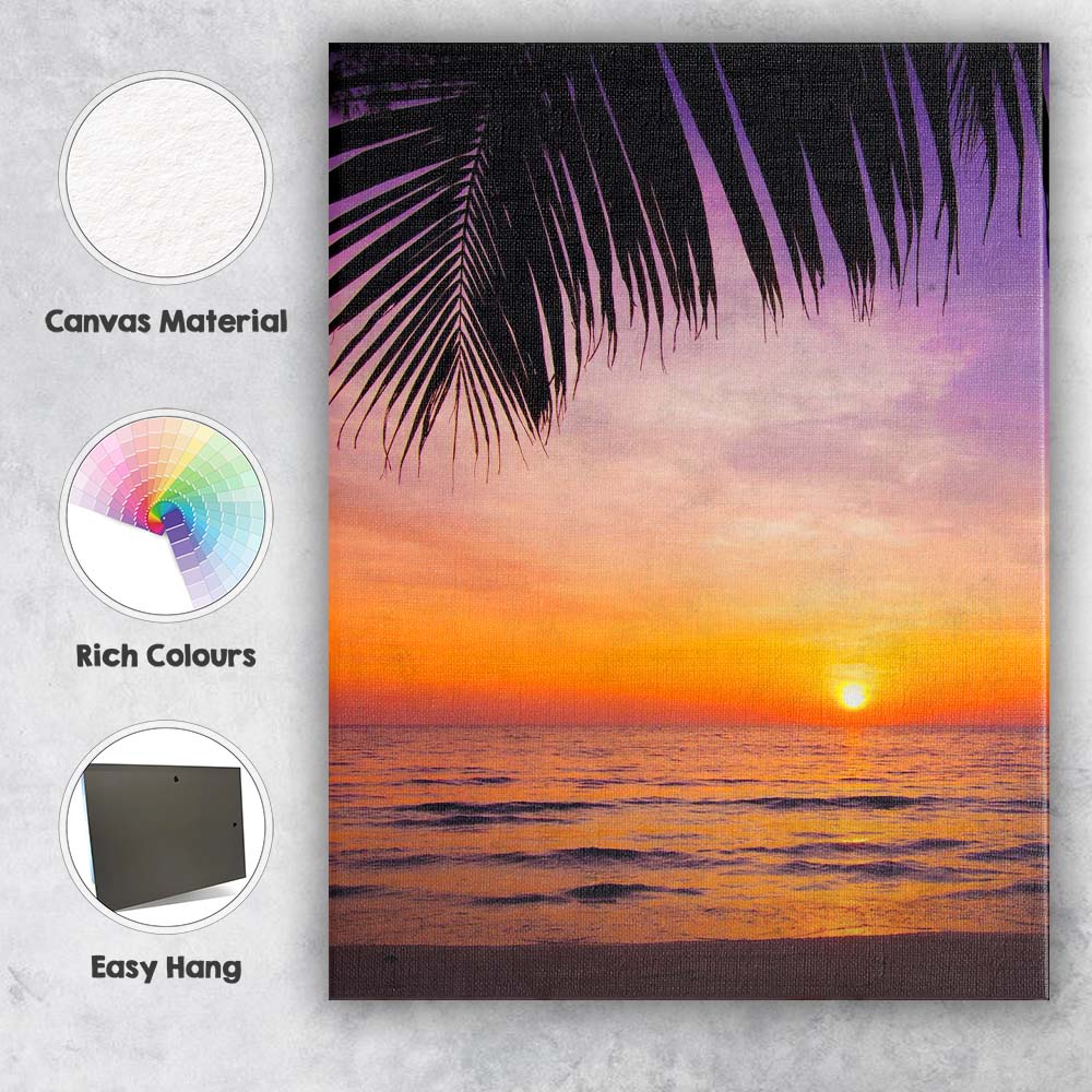 Tropical Palm Fronds Sunset Beach Seascape Photography Canvas Wall Art Print Decor Picture Ready to Hang