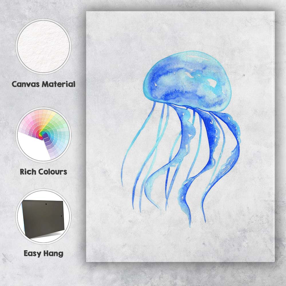 Blue Watercolour Jellyfish Marine Life Illustration Canvas Wall Art Print Decor Picture Ready to Hang