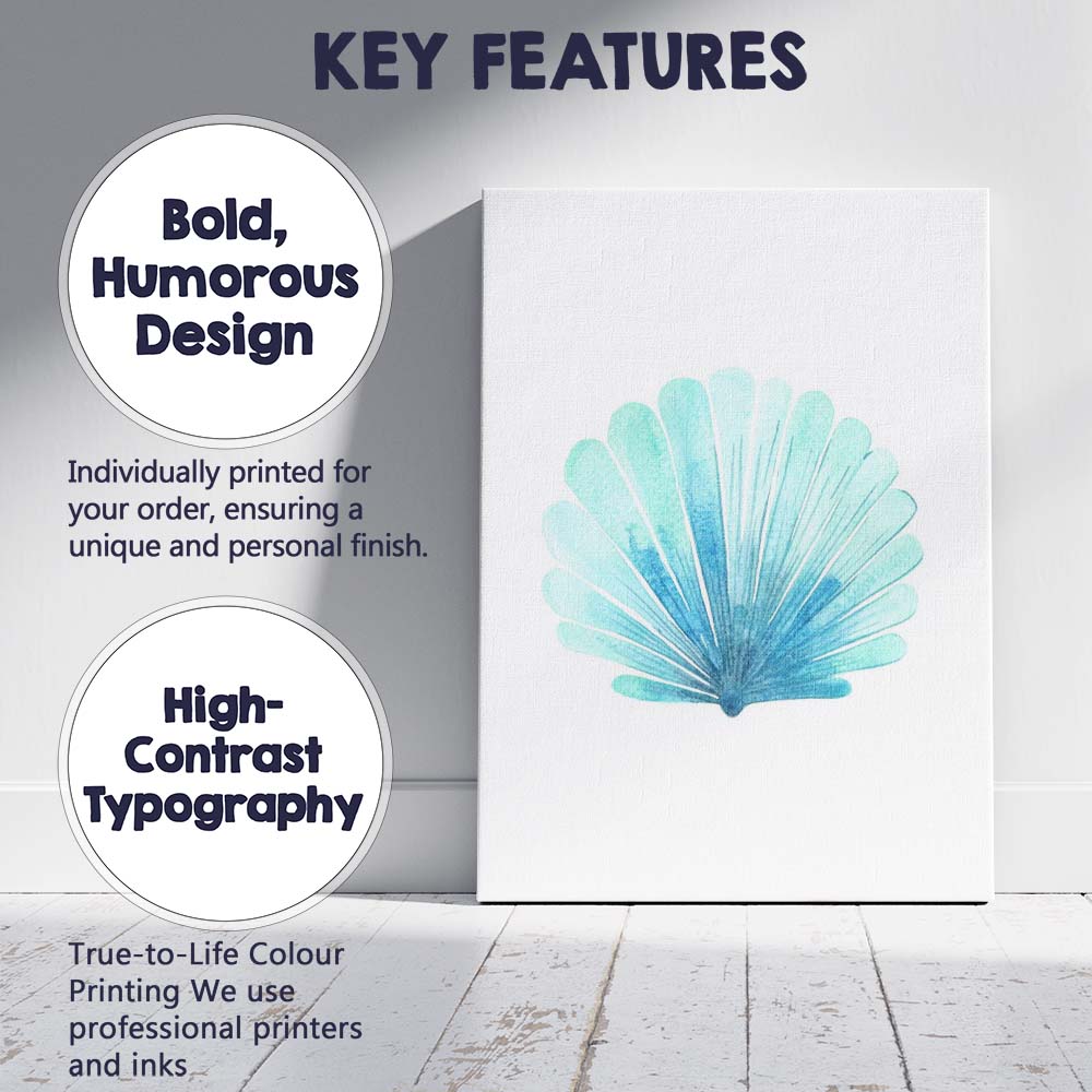 Blue Watercolour Scallop Shell Coastal Beach Illustration Canvas Wall Art Print Decor Picture Ready to Hang