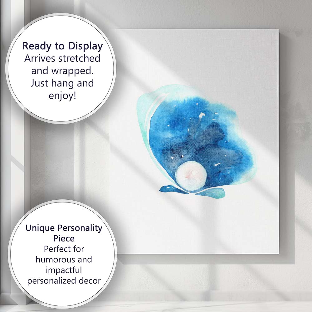 Blue Oyster Shell With Pearl Watercolour Coastal Illustration Canvas Wall Art Print Decor Picture Ready to Hang