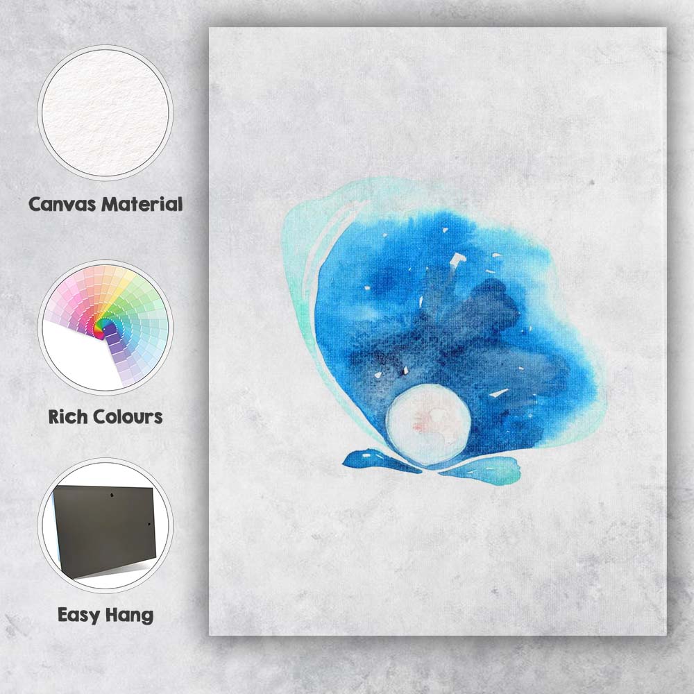 Blue Oyster Shell With Pearl Watercolour Coastal Illustration Canvas Wall Art Print Decor Picture Ready to Hang