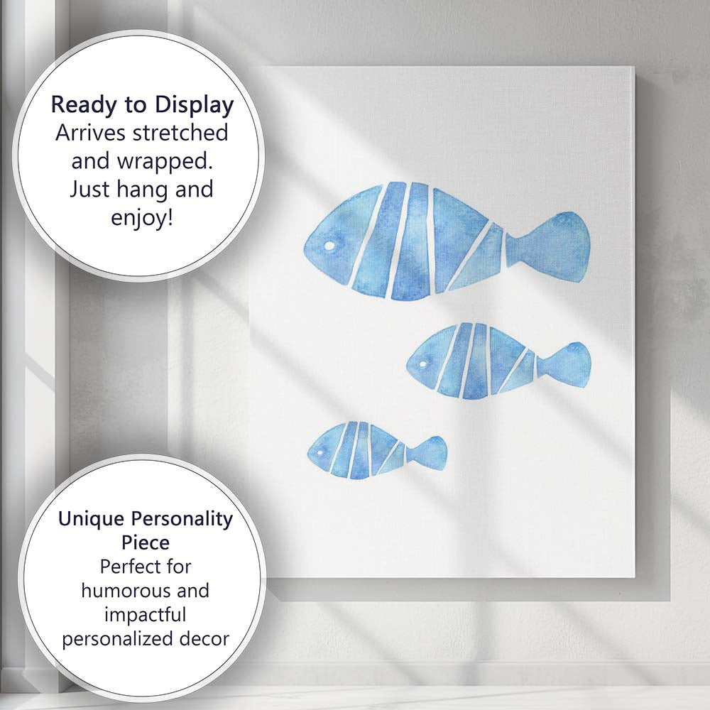 Blue Watercolour Tropical Fish Family Coastal Marine Illustration Canvas Wall Art Print Decor Picture Ready to Hang