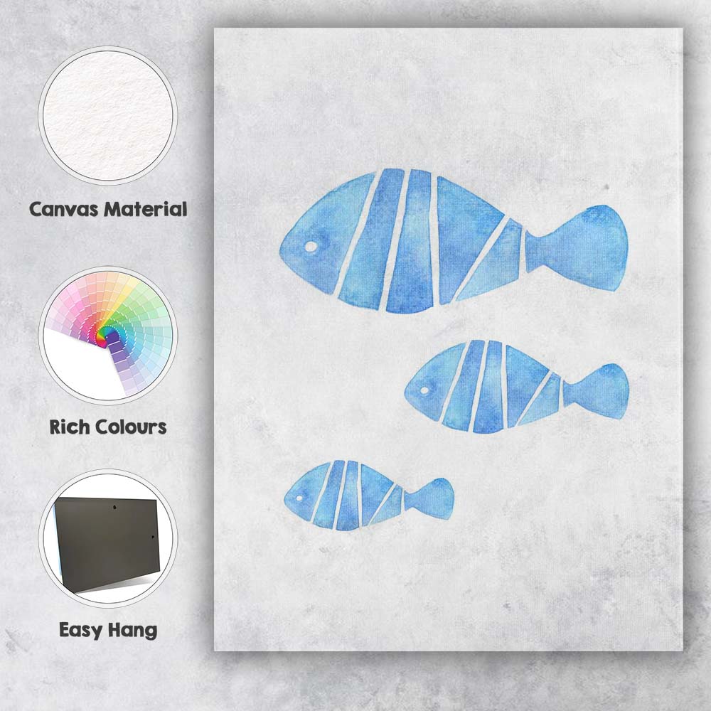 Blue Watercolour Tropical Fish Family Coastal Marine Illustration Canvas Wall Art Print Decor Picture Ready to Hang