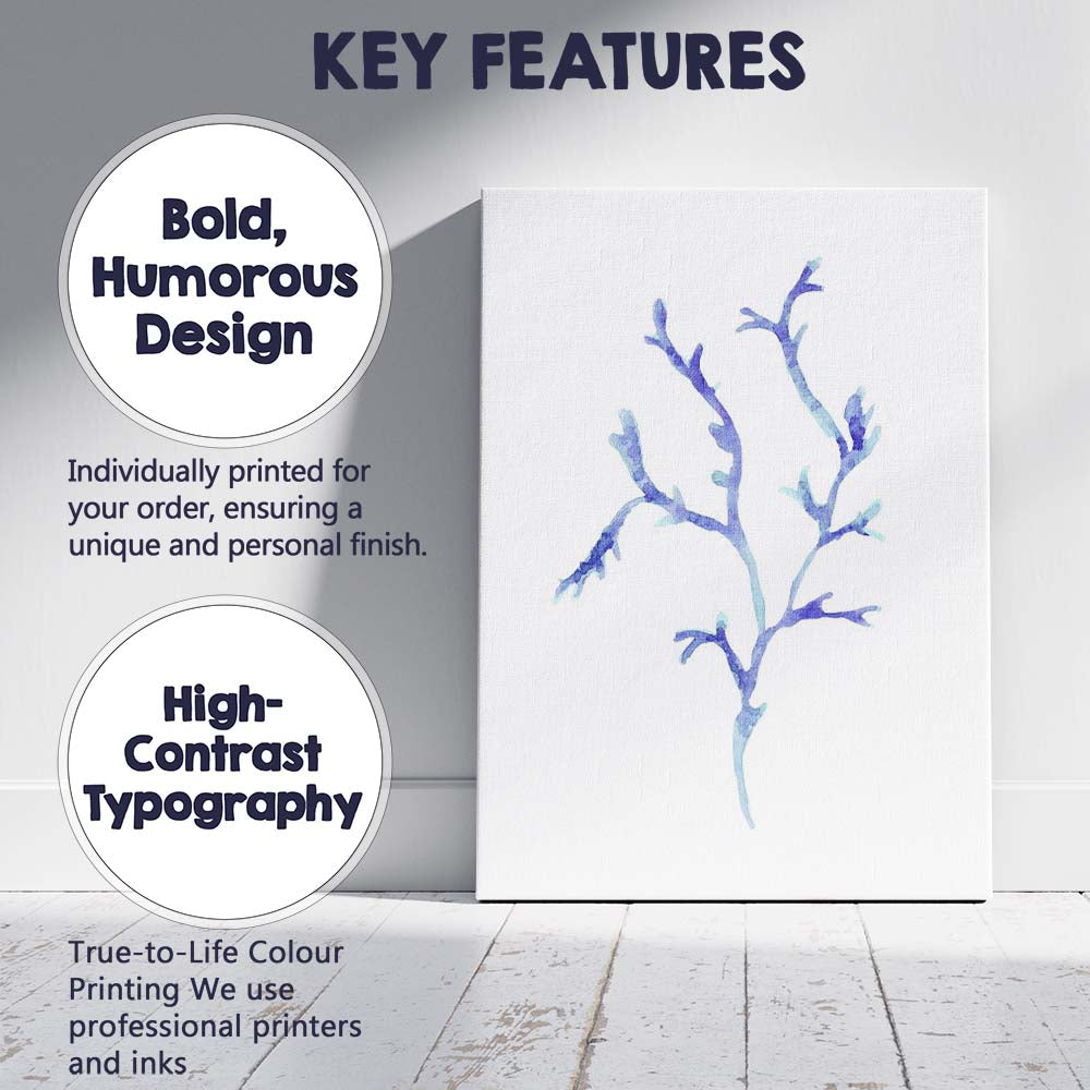 Blue Watercolour Coral Branch Coastal Marine Illustration Canvas Wall Art Print Decor Picture Ready to Hang