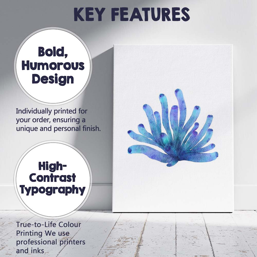 Blue Watercolour Sea Anemone Marine Coastal Illustration Canvas Wall Art Print Decor Picture Ready to Hang