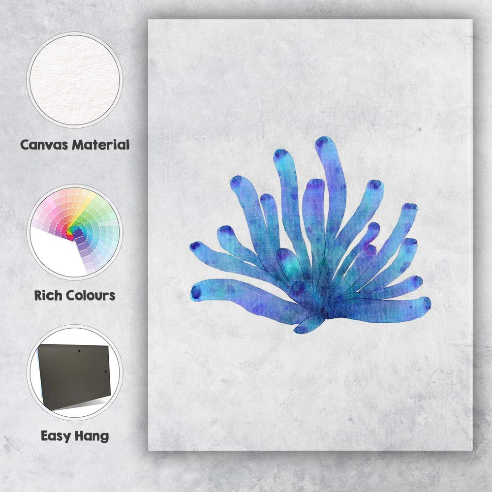 Blue Watercolour Sea Anemone Marine Coastal Illustration Canvas Wall Art Print Decor Picture Ready to Hang