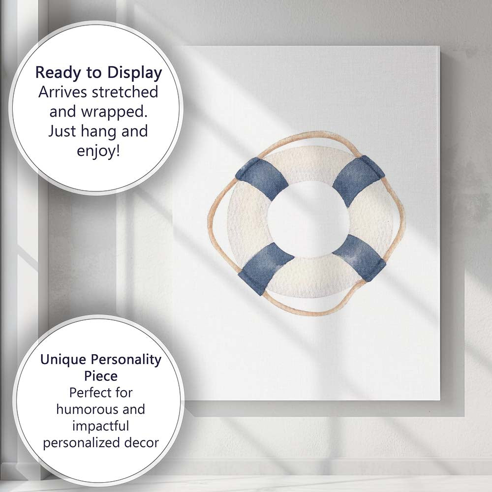 Navy Blue Coastal Lifebuoy Watercolour Nautical Illustration Canvas Wall Art Print Decor Picture Ready to Hang