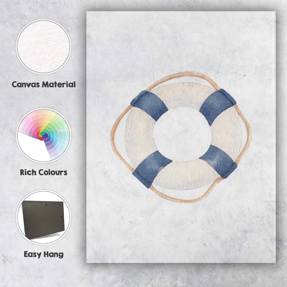 Navy Blue Coastal Lifebuoy Watercolour Nautical Illustration Canvas Wall Art Print Decor Picture Ready to Hang