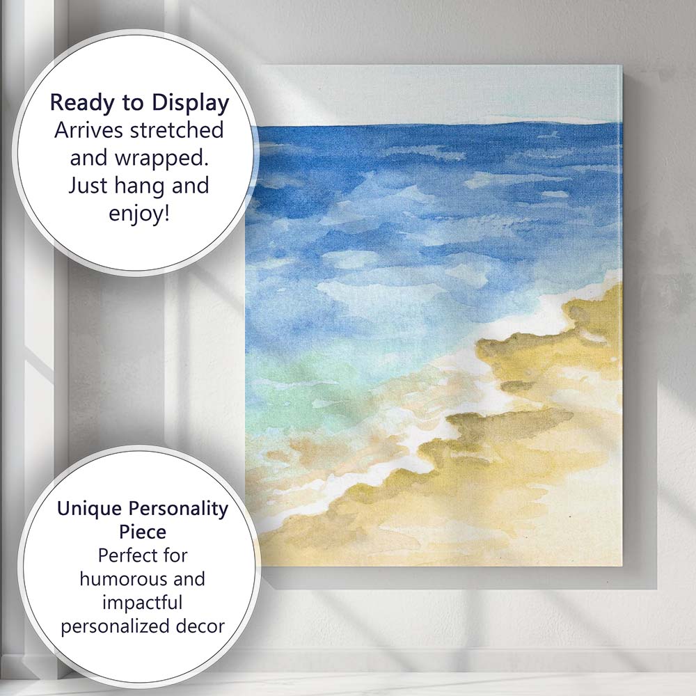 Blue Ocean Waves Sandy Beach Watercolour Seascape Canvas Wall Art Print Decor Picture Ready to Hang