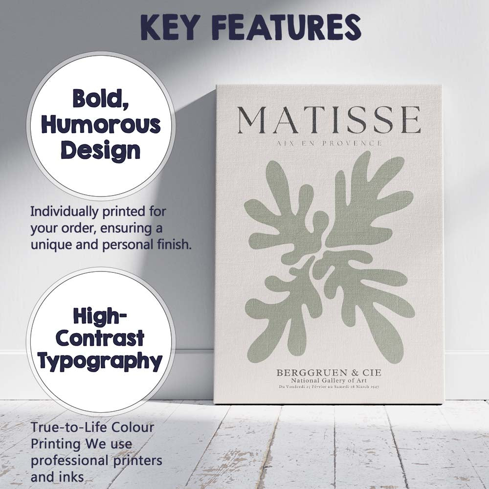 Sage Green Henri Matisse Botanical Leaf Cut Out Exhibition Poster Canvas Wall Art Print Decor Picture Ready to Hang