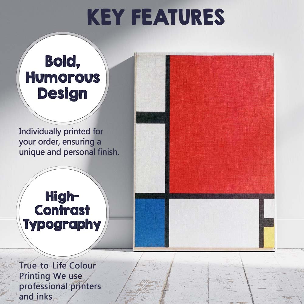 Abstract Red Blue Yellow Geometric Grid Minimalist De Stijl Canvas Wall Art Print Decor Picture Ready to Hang