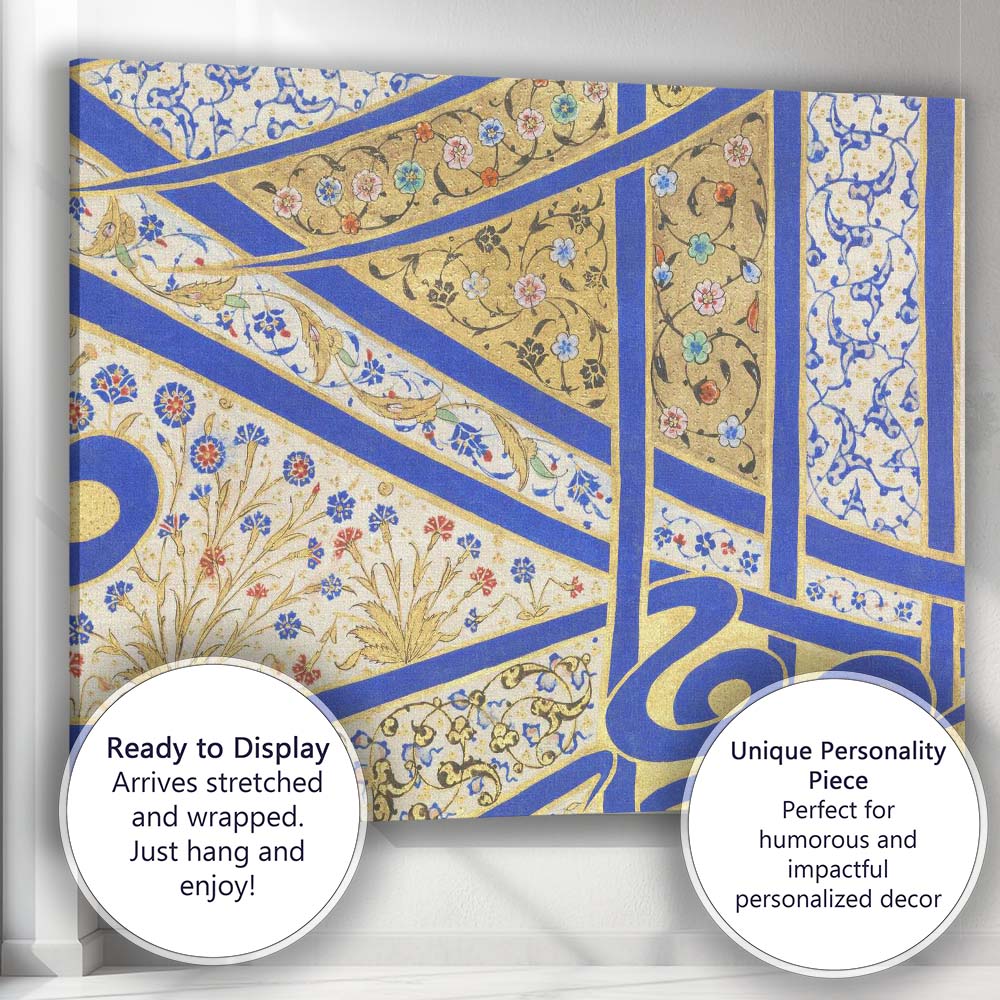 Blue Gold Islamic Geometric Floral Mosaic Pattern Canvas Wall Art Print Decor Picture Ready to Hang