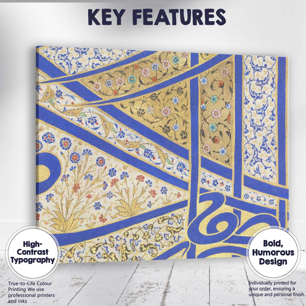 Blue Gold Islamic Geometric Floral Mosaic Pattern Canvas Wall Art Print Decor Picture Ready to Hang
