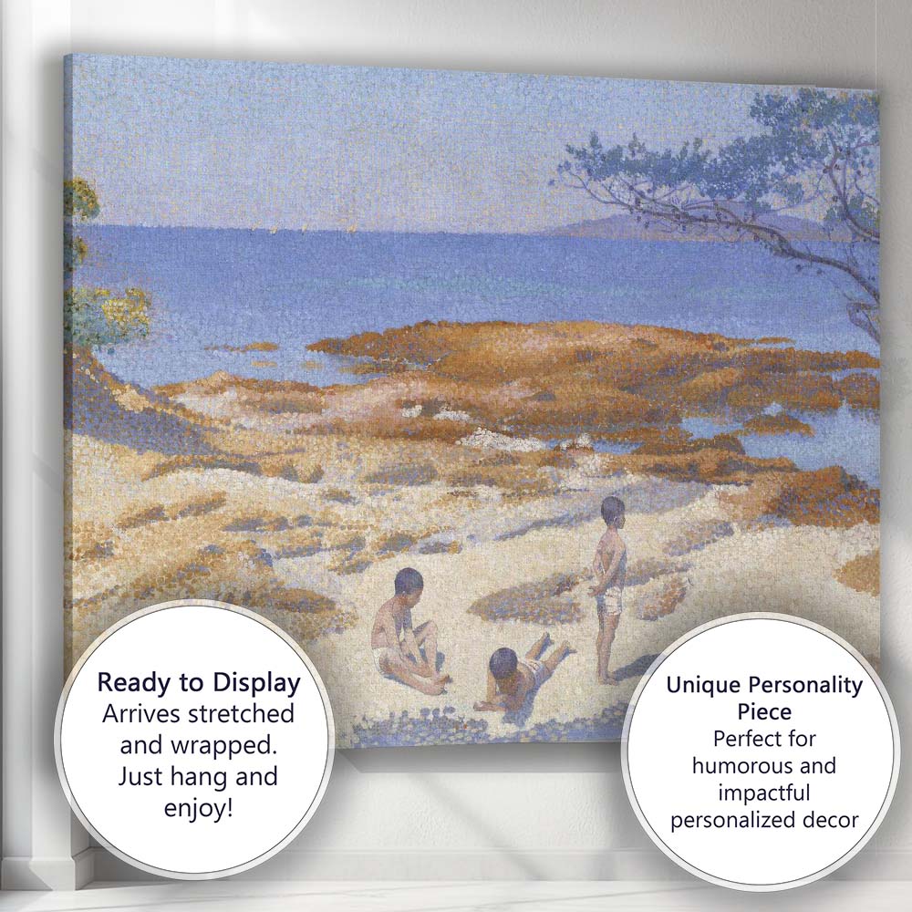 Pointillist Coastal Beach Children Seaside Landscape Painting Canvas Wall Art Print Decor Picture Ready to Hang