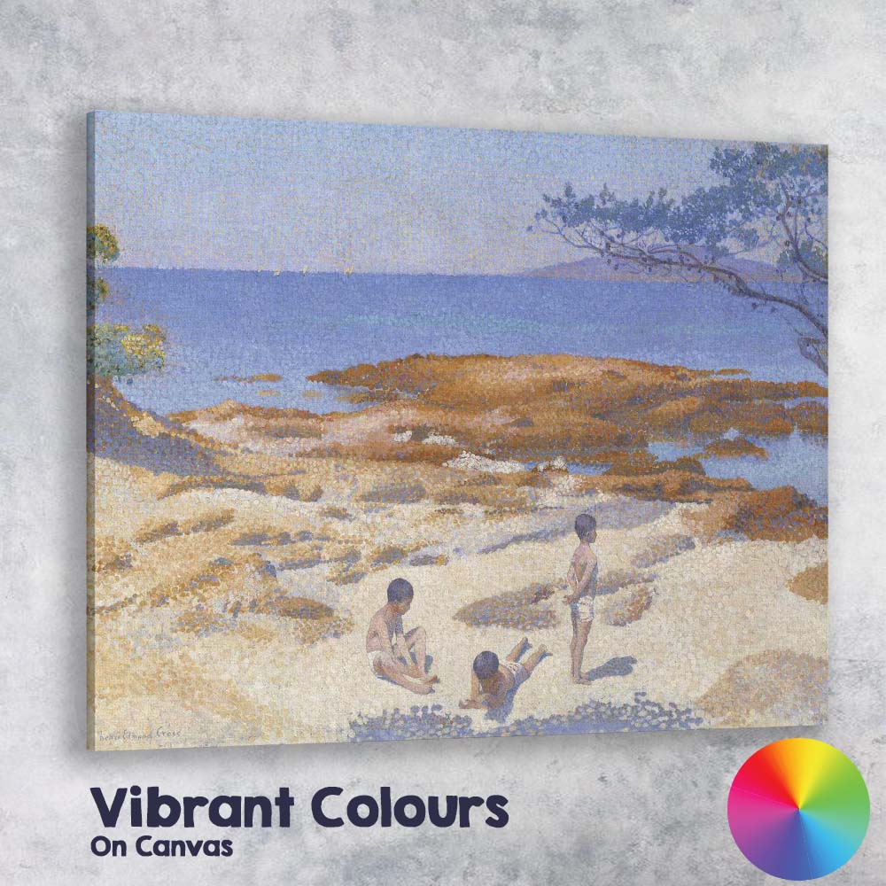 Pointillist Coastal Beach Children Seaside Landscape Painting Canvas Wall Art Print Decor Picture Ready to Hang