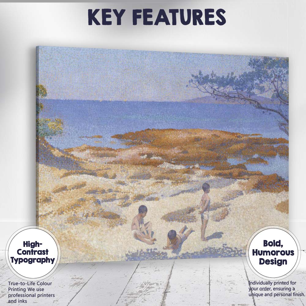 Pointillist Coastal Beach Children Seaside Landscape Painting Canvas Wall Art Print Decor Picture Ready to Hang