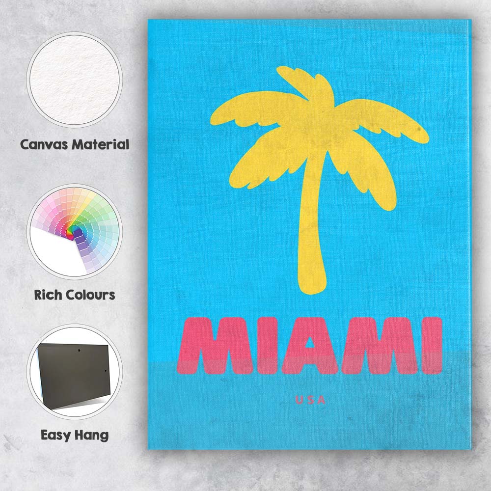Bright Tropical Miami Palm Tree Retro Travel Poster Canvas Wall Art Print Decor Picture Ready to Hang