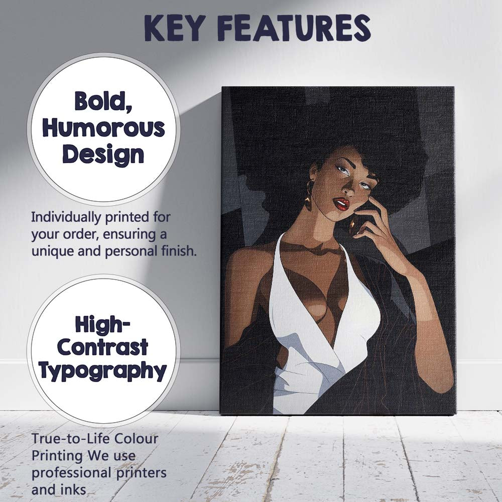Elegant Afro Woman Fashion Portrait Contemporary Illustration Canvas Wall Art Print Decor Picture Ready to Hang