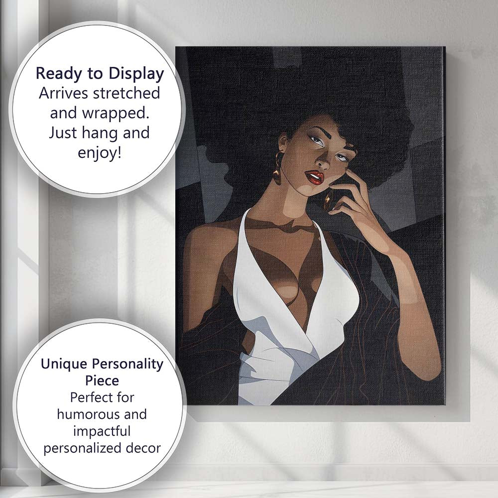 Elegant Afro Woman Fashion Portrait Contemporary Illustration Canvas Wall Art Print Decor Picture Ready to Hang