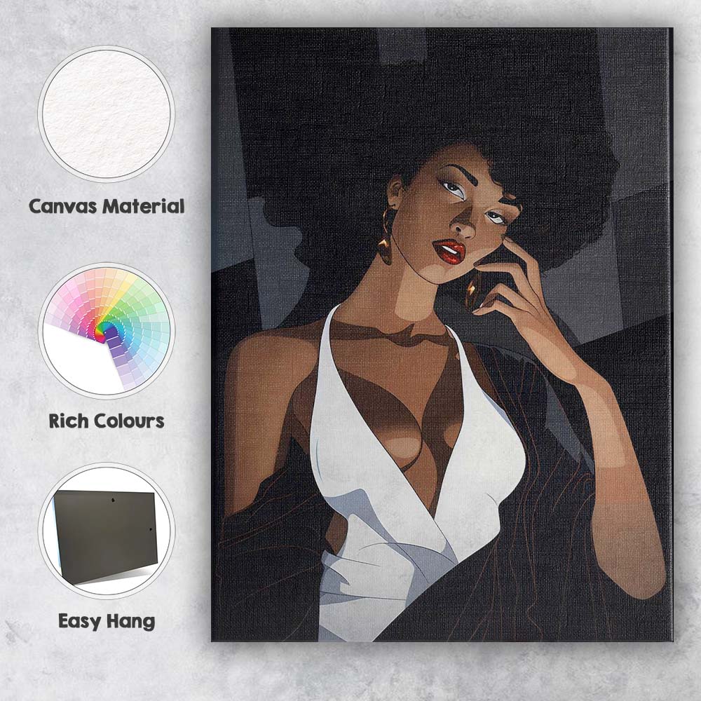 Elegant Afro Woman Fashion Portrait Contemporary Illustration Canvas Wall Art Print Decor Picture Ready to Hang
