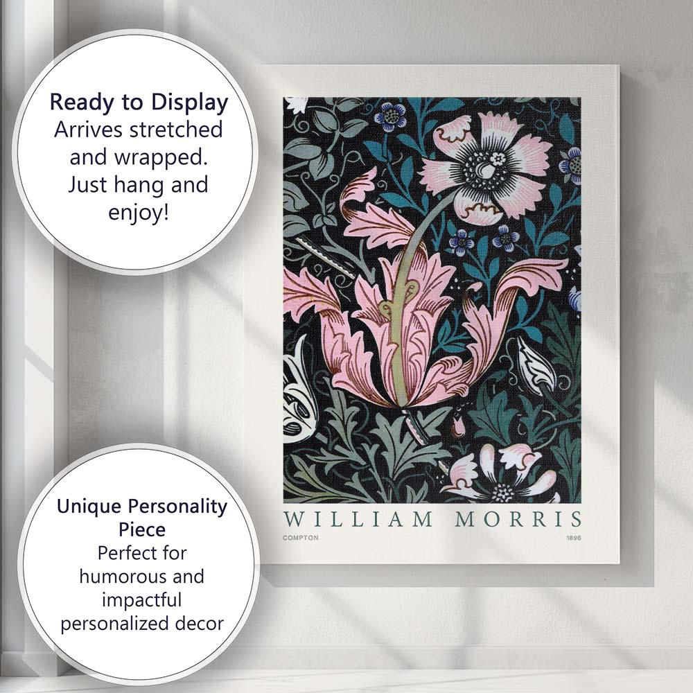 Pink Floral Compton William Morris Botanical Pattern Canvas Wall Art Print Decor Picture Ready to Hang