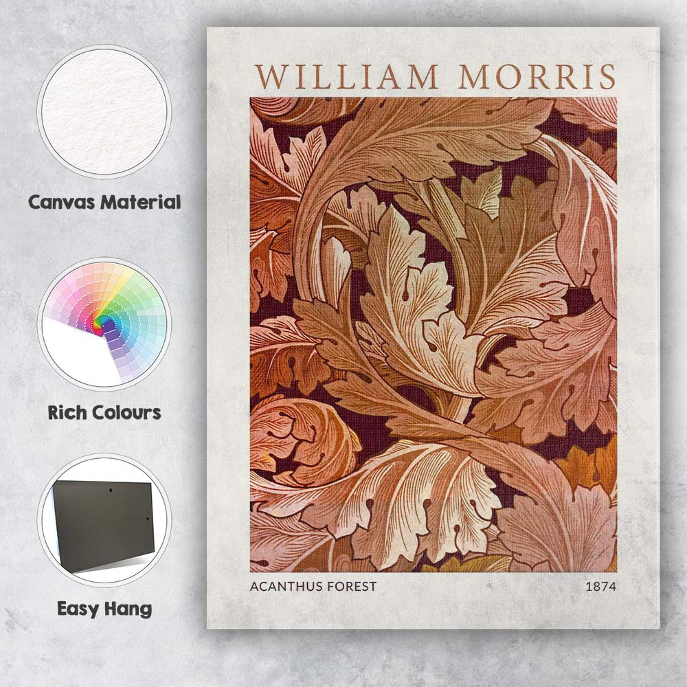 Brown Acanthus Forest William Morris Leaf Botanical Pattern Canvas Wall Art Print Decor Picture Ready to Hang