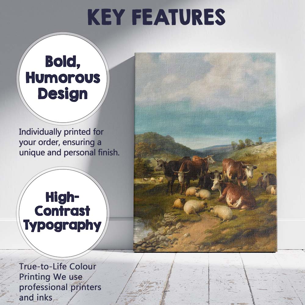 Traditional Pastoral Cattle And Sheep Countryside Landscape Oil Painting Canvas Wall Art Print Decor Picture Ready to Hang