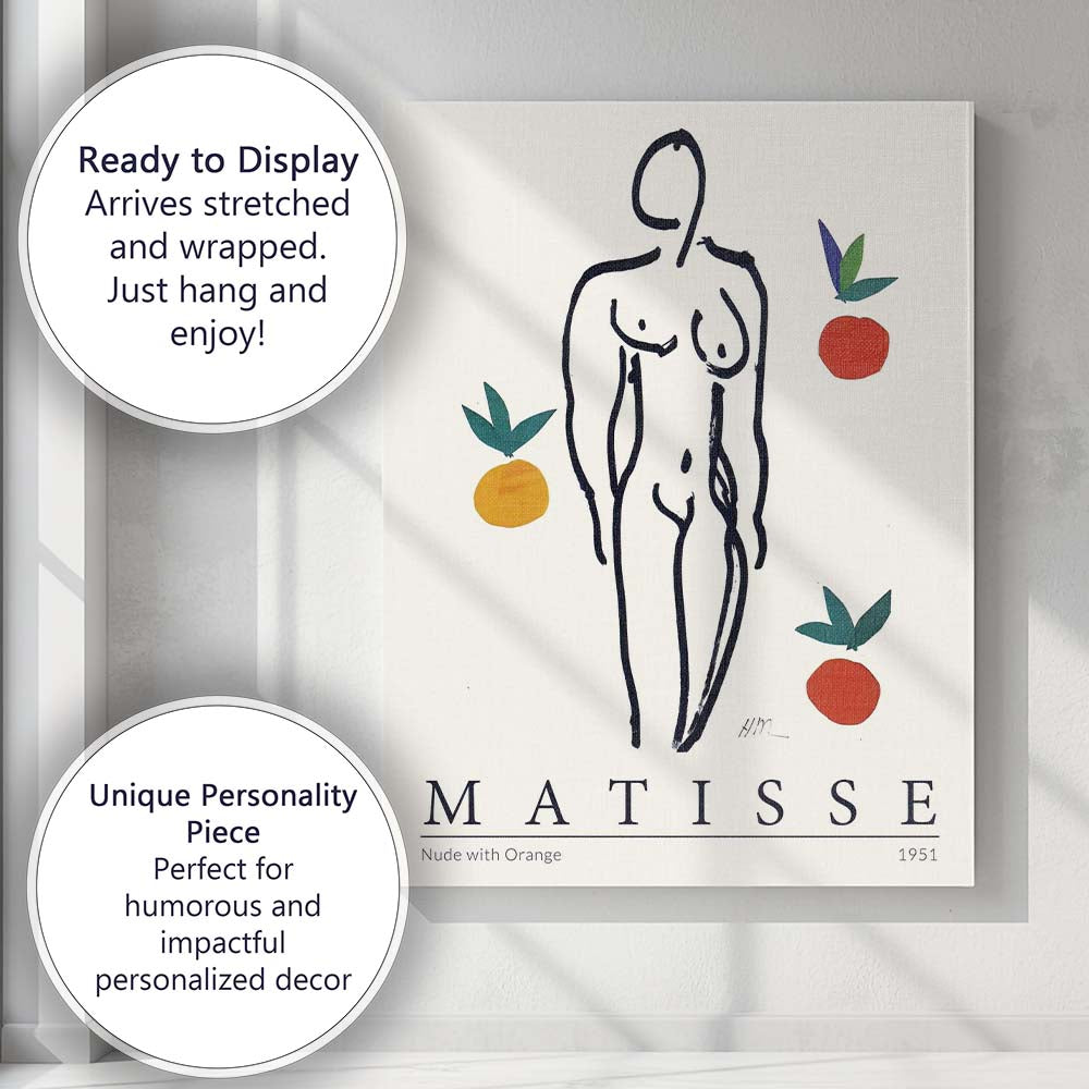Matisse Inspired Nude With Oranges Minimalist Line Art Canvas Wall Art Print Decor Picture Ready to Hang