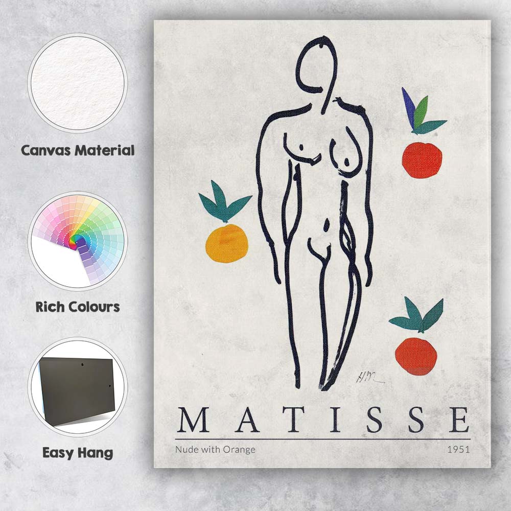 Matisse Inspired Nude With Oranges Minimalist Line Art Canvas Wall Art Print Decor Picture Ready to Hang