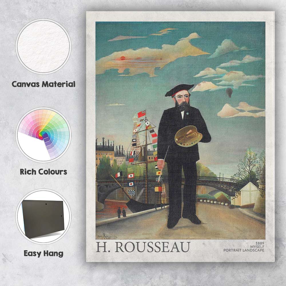 Henri Rousseau Self Portrait With Artist Palette Paris Cityscape Canvas Wall Art Print Decor Picture Ready to Hang