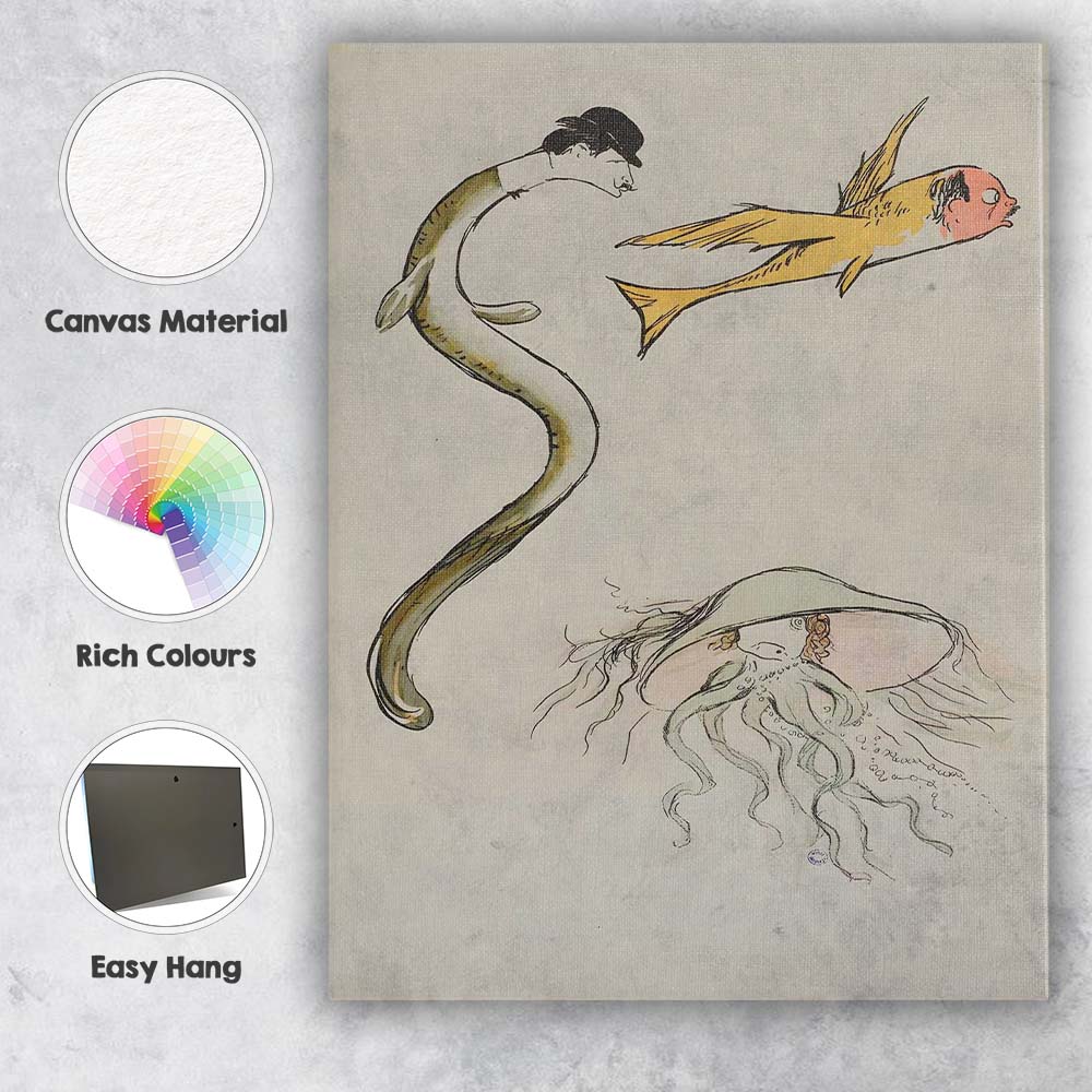 Whimsical Surreal Fish And Eel Fantasy Line Drawing Canvas Wall Art Print Decor Picture Ready to Hang