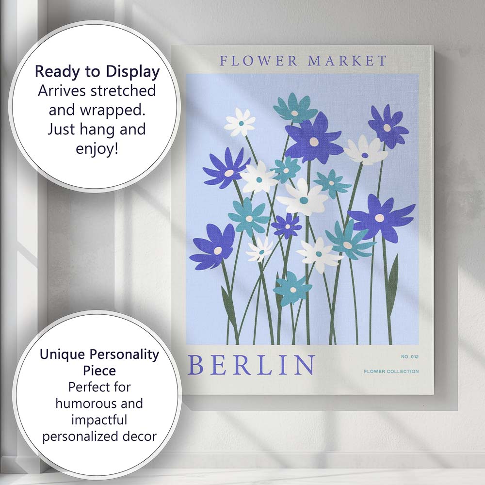 Blue White Wildflower Market Scandinavian Floral Illustration Canvas Wall Art Print Decor Picture Ready to Hang