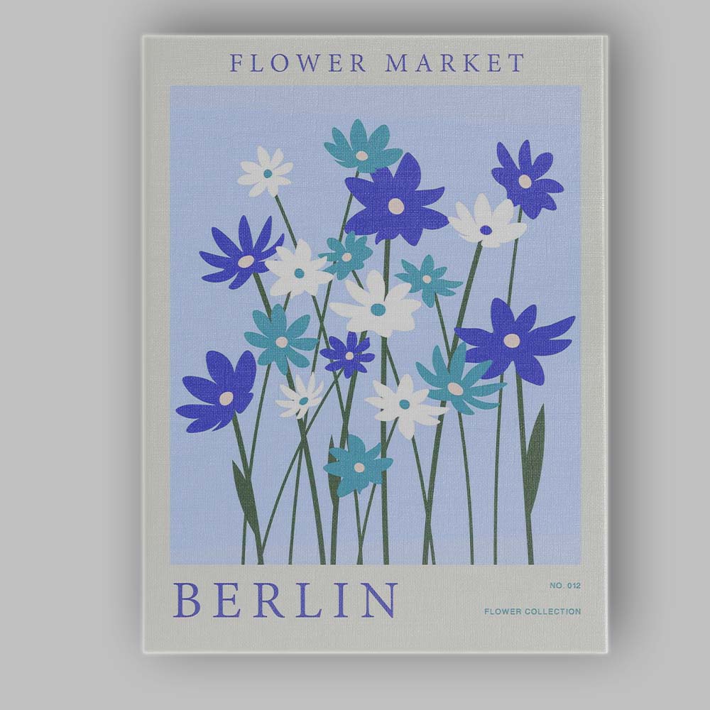 Blue White Wildflower Market Scandinavian Floral Illustration Canvas Wall Art Print Decor Picture Ready to Hang