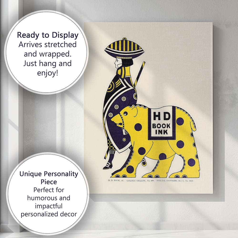 Art Deco Egyptian Figure Yellow Elephant Graphic Illustration Canvas Wall Art Print Decor Picture Ready to Hang