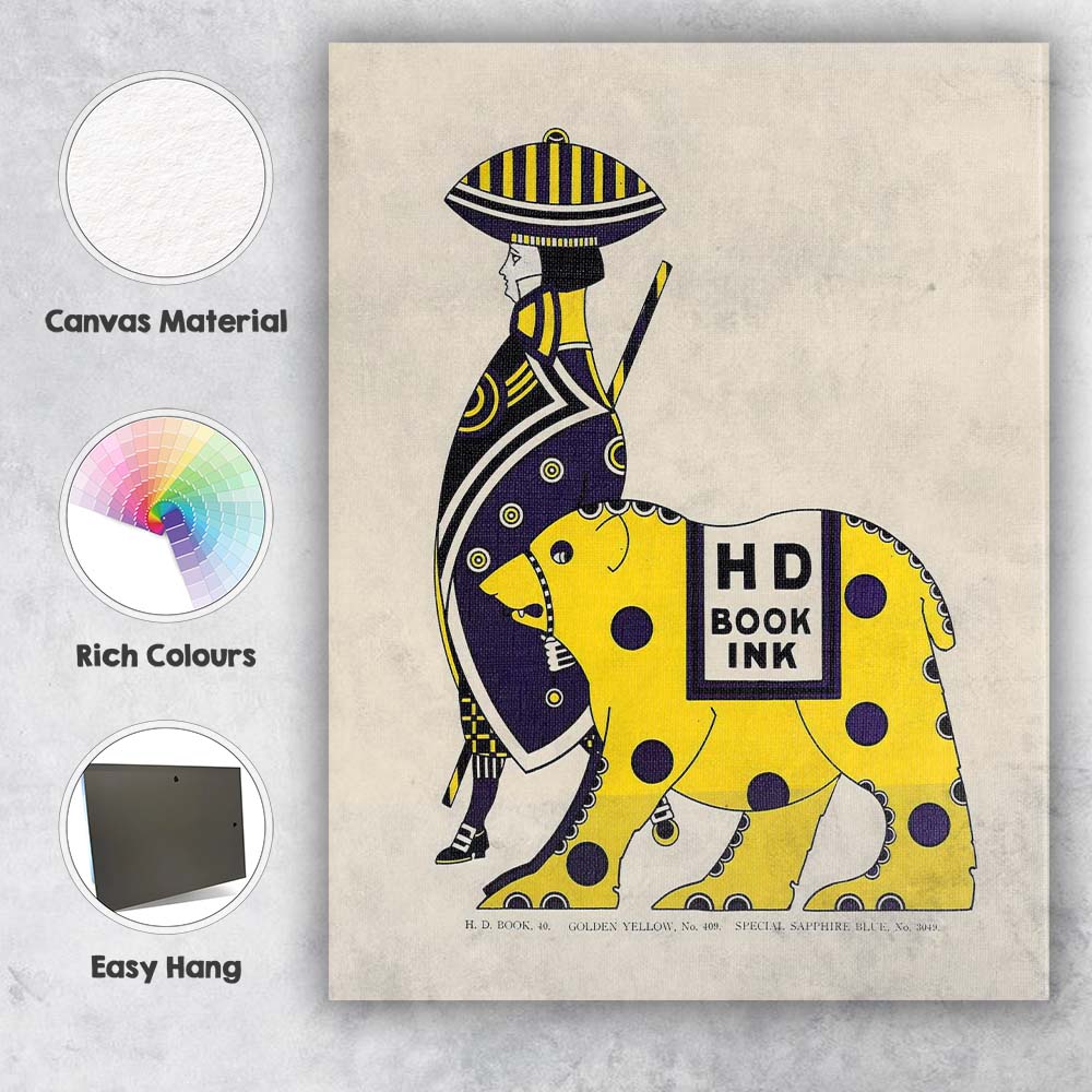 Art Deco Egyptian Figure Yellow Elephant Graphic Illustration Canvas Wall Art Print Decor Picture Ready to Hang