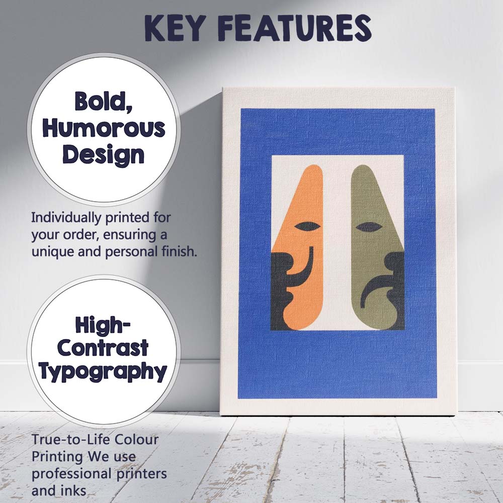 Abstract Minimalist Dual Face Geometric Portrait Blue Modern Canvas Wall Art Print Decor Picture Ready to Hang