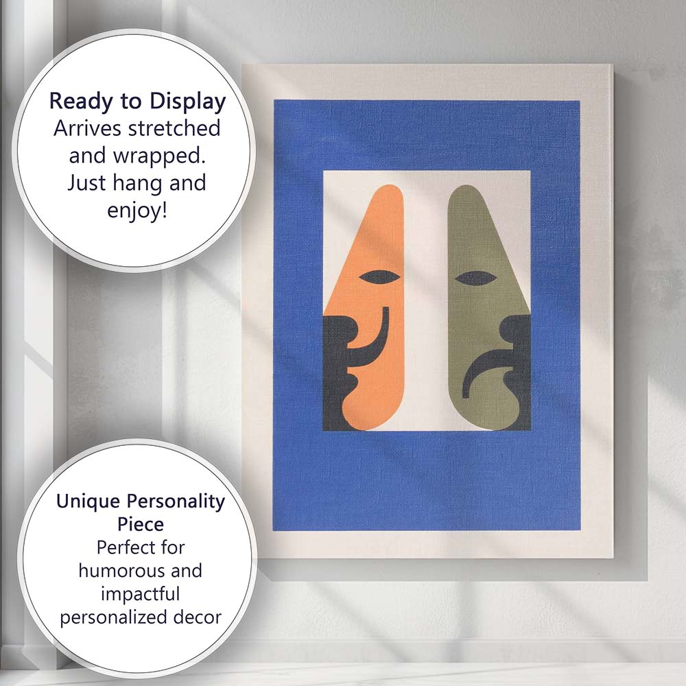 Abstract Minimalist Dual Face Geometric Portrait Blue Modern Canvas Wall Art Print Decor Picture Ready to Hang