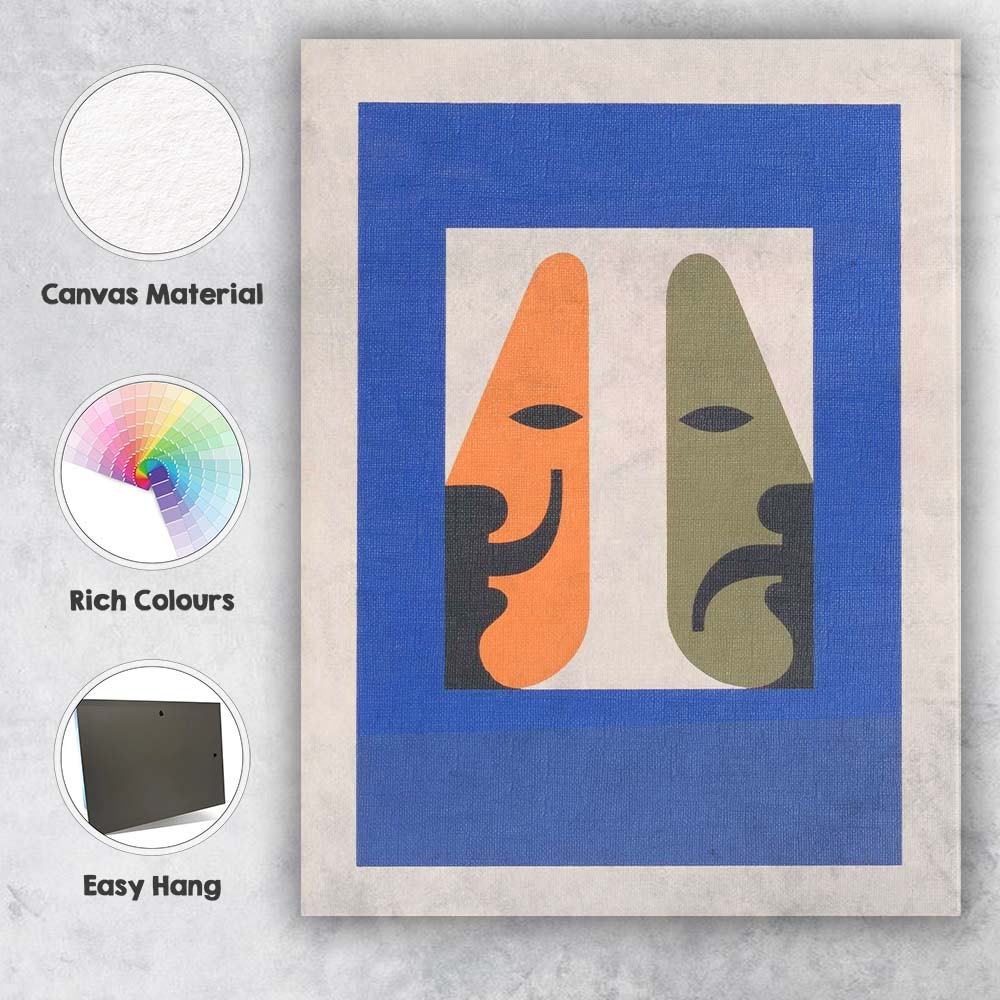 Abstract Minimalist Dual Face Geometric Portrait Blue Modern Canvas Wall Art Print Decor Picture Ready to Hang