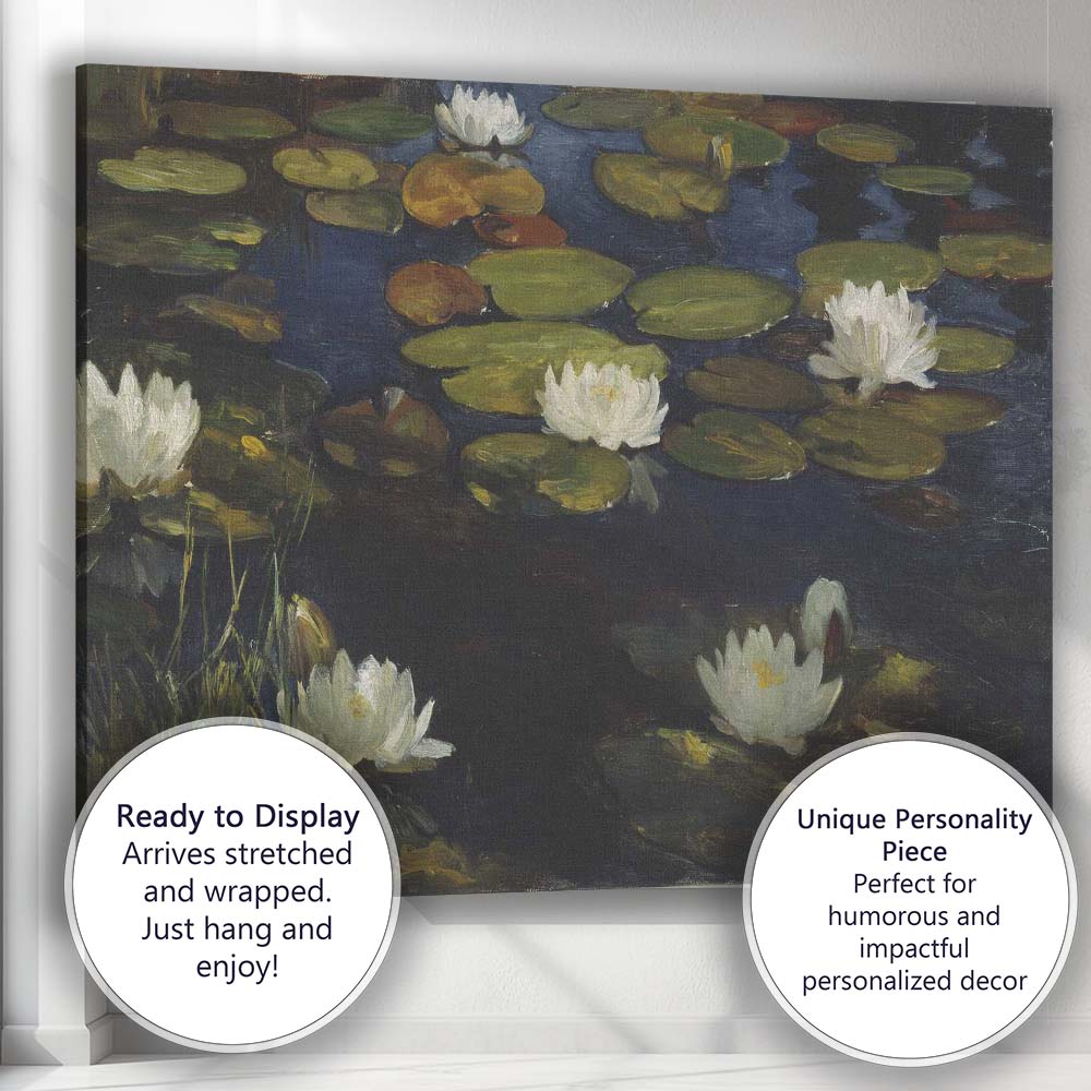 Impressionist White Water Lily Pond Botanical Oil Painting Canvas Wall Art Print Decor Picture Ready to Hang