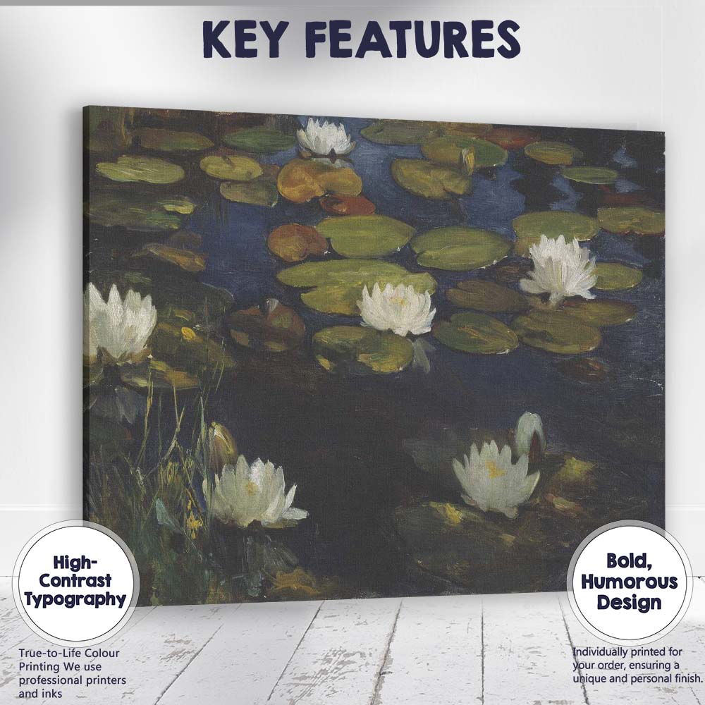 Impressionist White Water Lily Pond Botanical Oil Painting Canvas Wall Art Print Decor Picture Ready to Hang