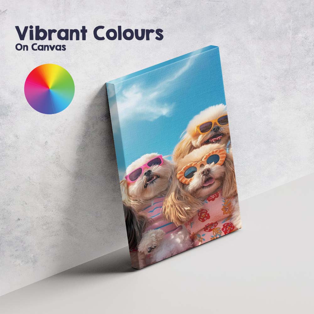 Summer Party Dogs Wearing Colourful Sunglasses Beach Portrait Canvas Wall Art Print Decor Picture Ready to Hang