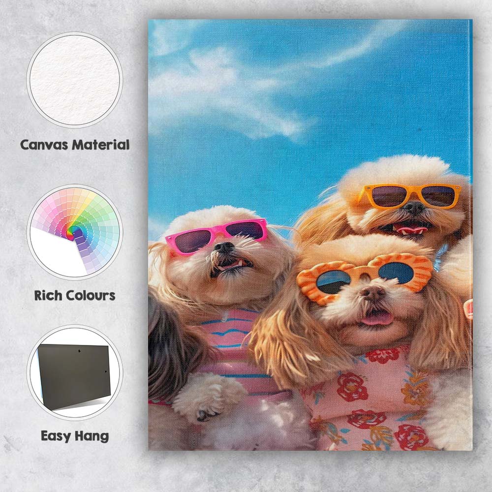 Summer Party Dogs Wearing Colourful Sunglasses Beach Portrait Canvas Wall Art Print Decor Picture Ready to Hang