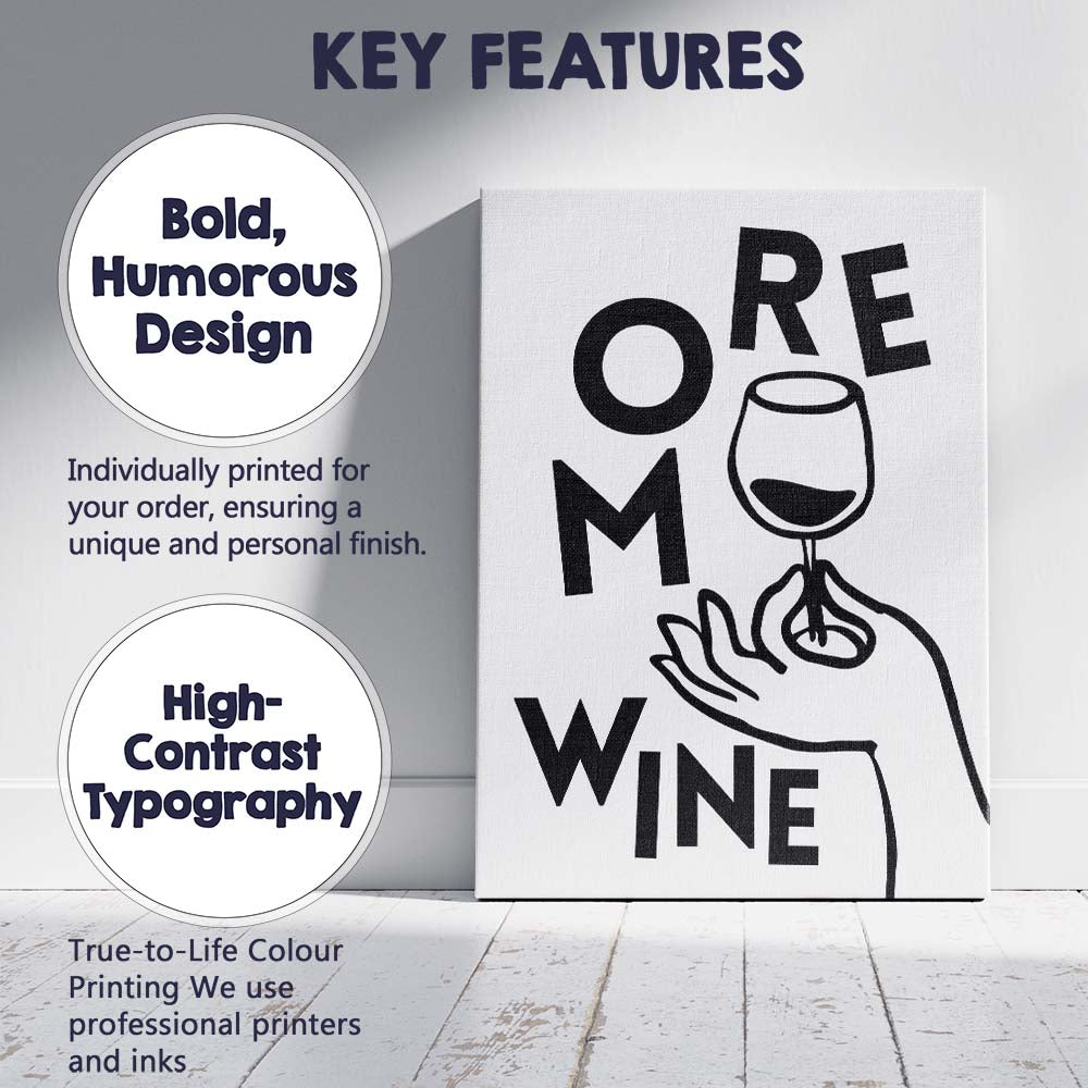 Minimalist More Wine Typography Line Art Illustration Canvas Wall Art Print Decor Picture Ready to Hang