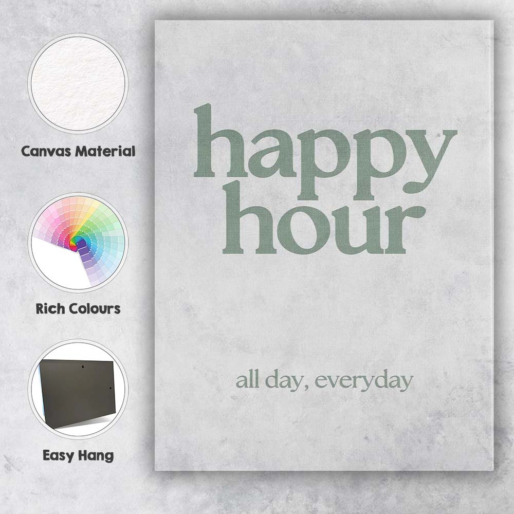 Minimalist Happy Hour Sage Green Typography Quote Canvas Wall Art Print Decor Picture Ready to Hang