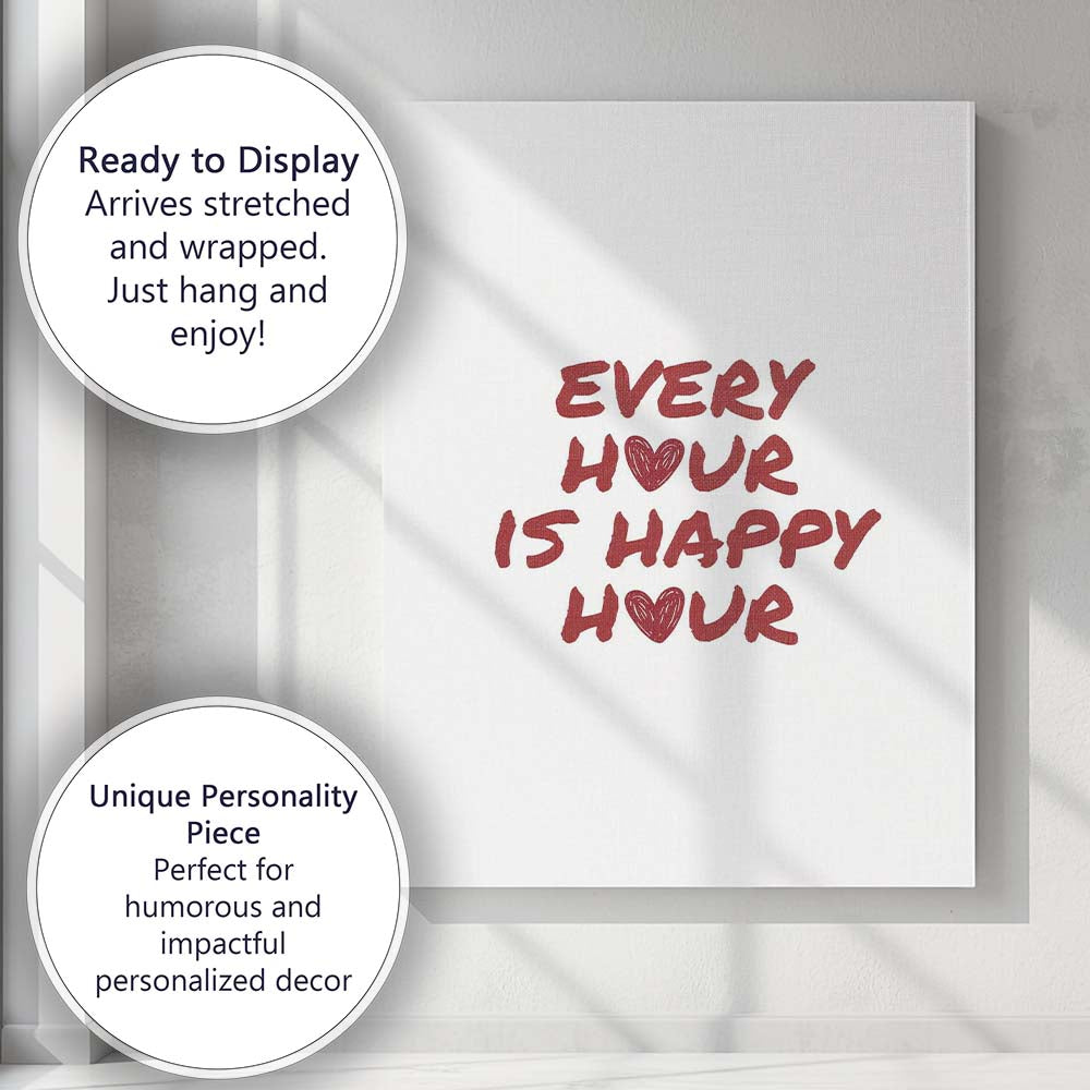Modern Every Hour Is Happy Hour Burgundy Typography Quote Canvas Wall Art Print Decor Picture Ready to Hang