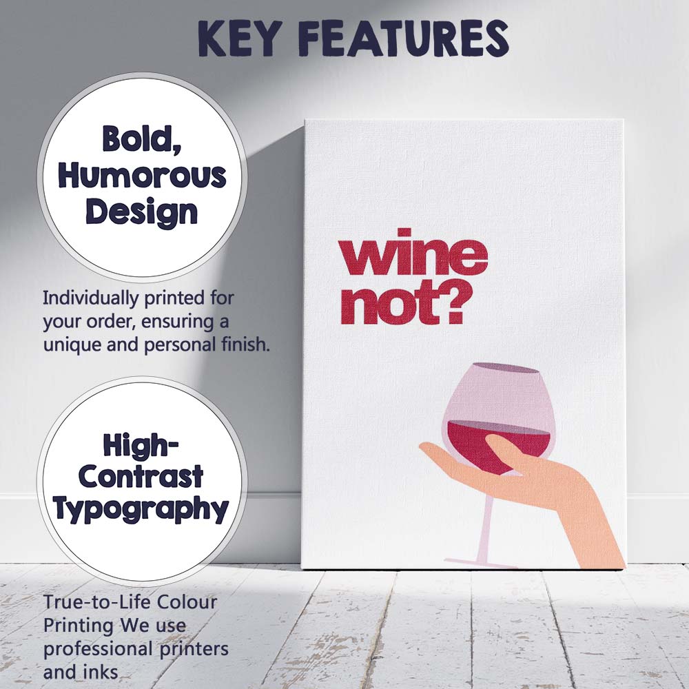 Minimalist Wine Not Red Wine Glass Illustration Typography Canvas Wall Art Print Decor Picture Ready to Hang